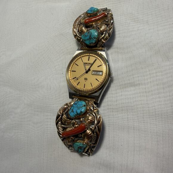 Seiko Quartz Watch & Tawa By KT 12K Gold Filled Sterling Turquoise Coral Native - Picture 1 of 11